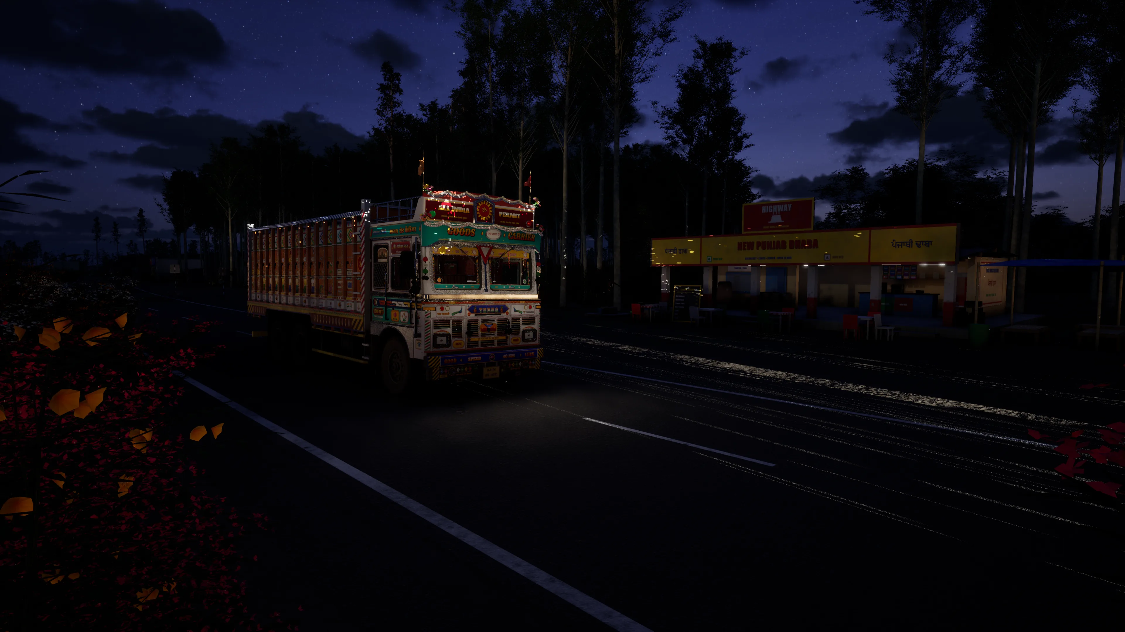 A decorated truck with its lights on beside the lit New Punjab Dhaba at dusk, stars coming out above the trees
