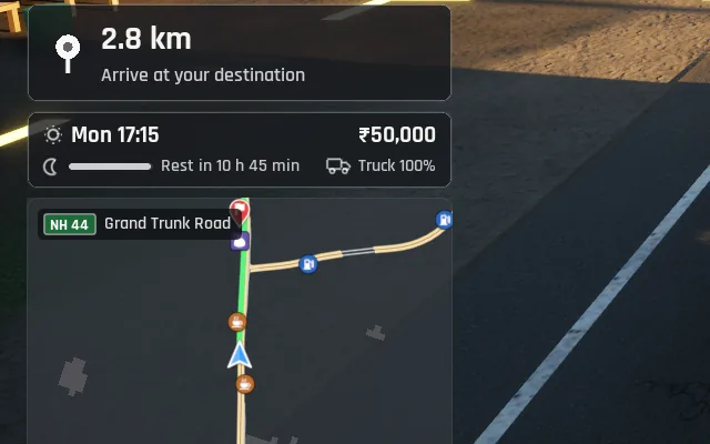 The in-game GPS panel showing NH 44 Grand Trunk Road on the map and 2.8 km to the destination